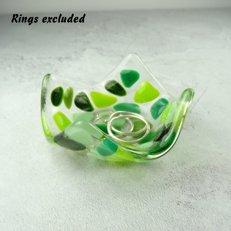 Green mosaic fused glass trinket dish, rings, earrings, 6.5cm approx