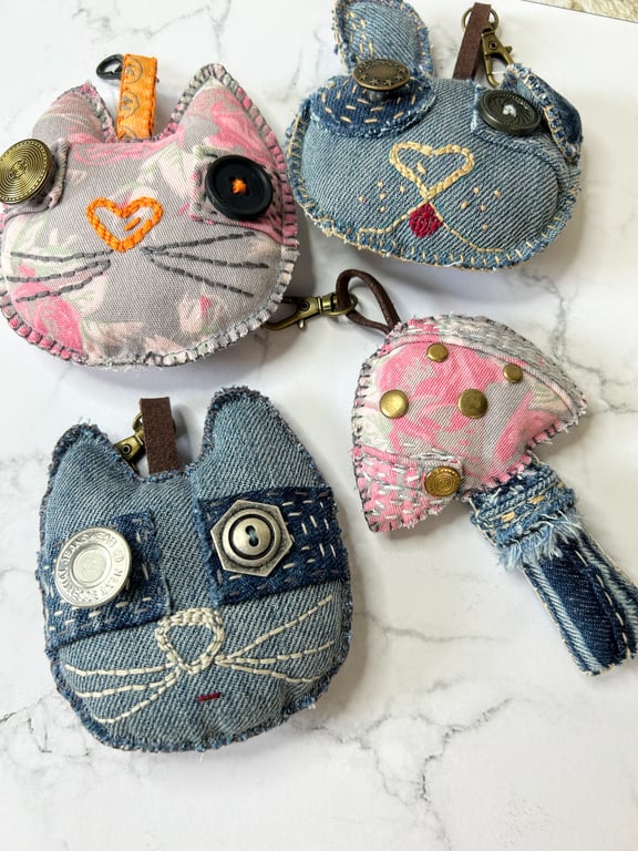 Denim Keyrings Upcycled Jeans Charms Cat Dog