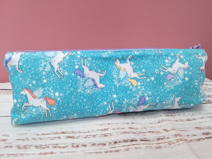 Unicorns and stars long fabric pencil case