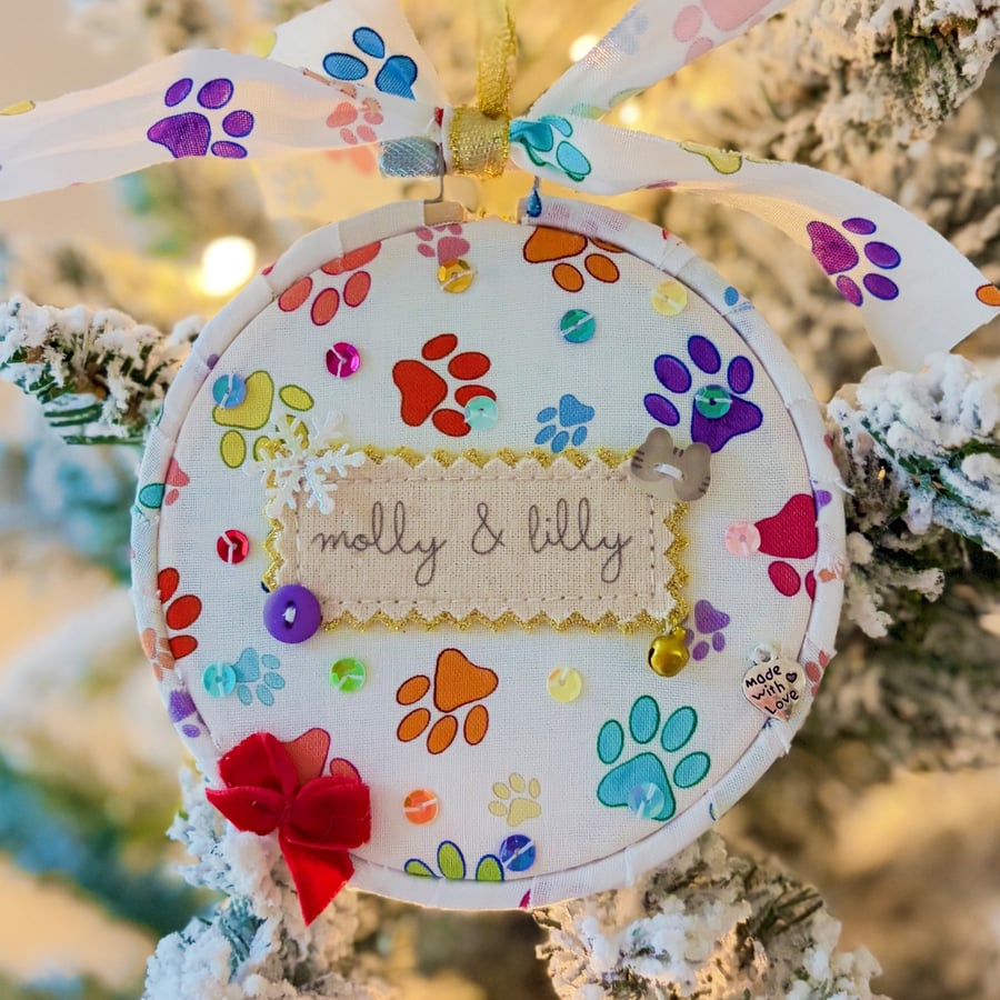 Personalised Cat Christmas Hoop Ornament - Rainbow Paw Fabric Keepsake
