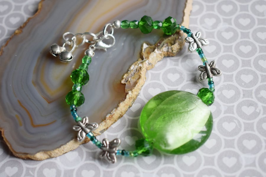 Butterfly Bracelet with Green Foiled Glass Bead