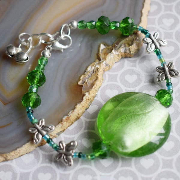 Butterfly Bracelet with Green Foiled Glass Bead