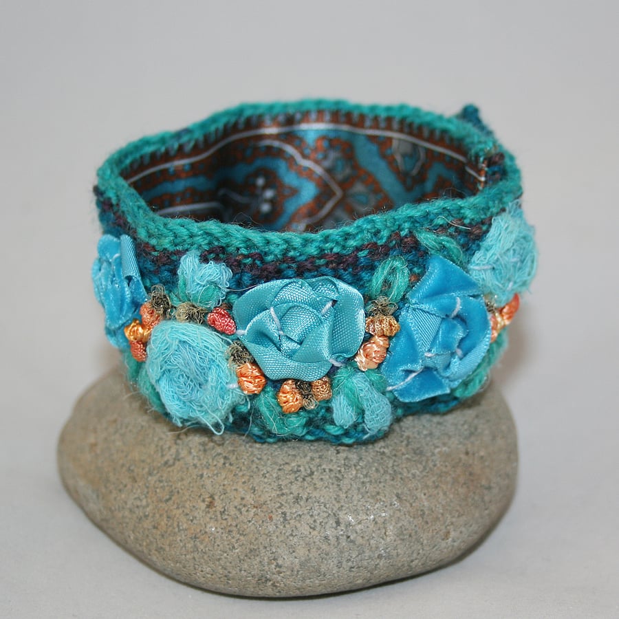 Embroidered Knitted Cuff - Turquoise Roses