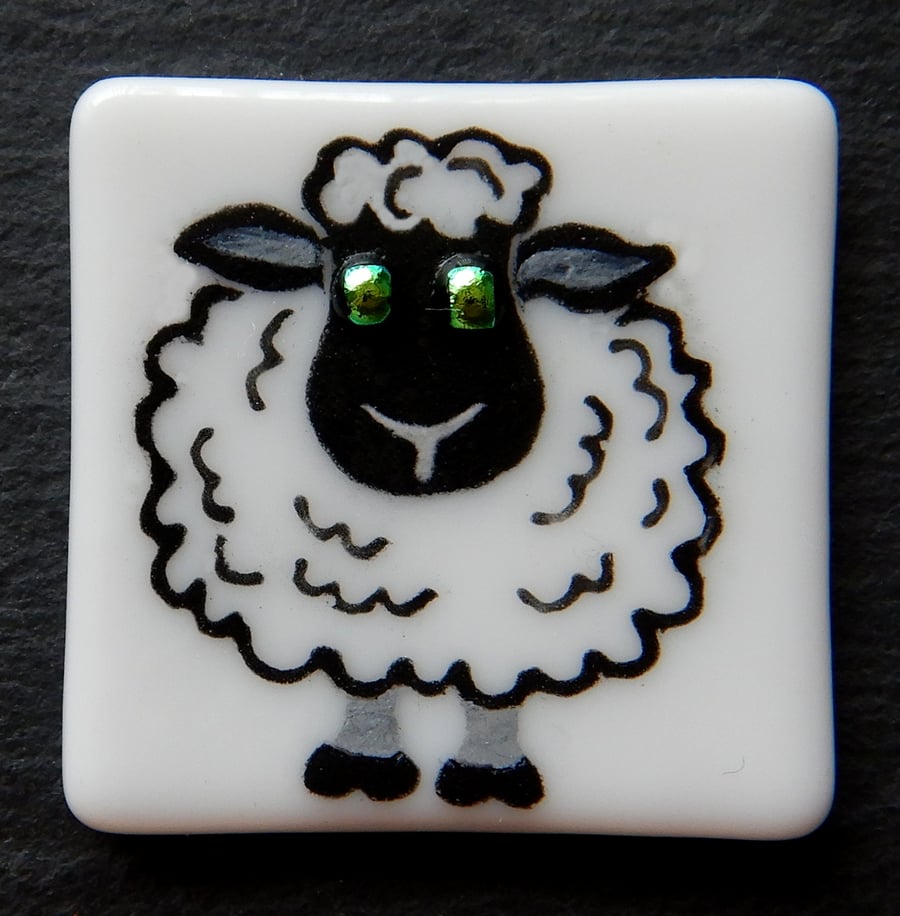 HANDMADE FUSED DICHROIC GLASS 'LARRY THE LAMB' BROOCH.