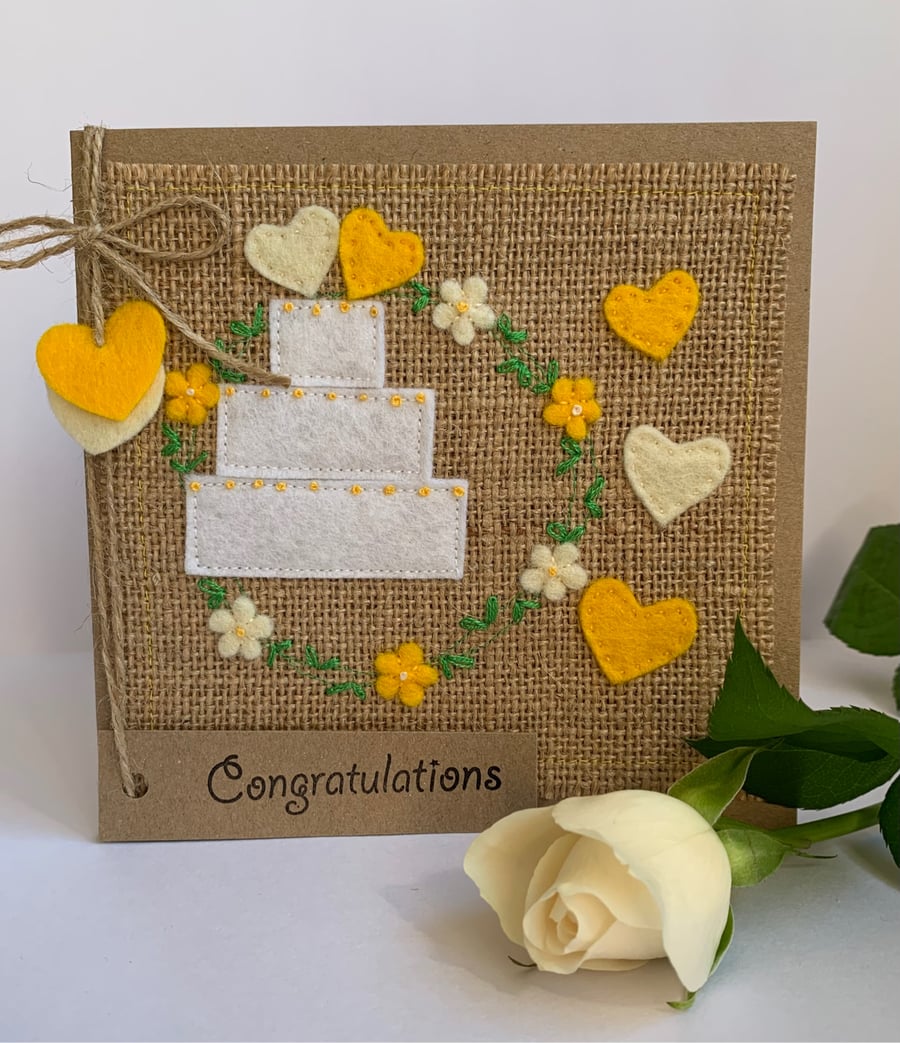 Handmade Wedding Card. Wedding cake and hearts. Keepsake card.