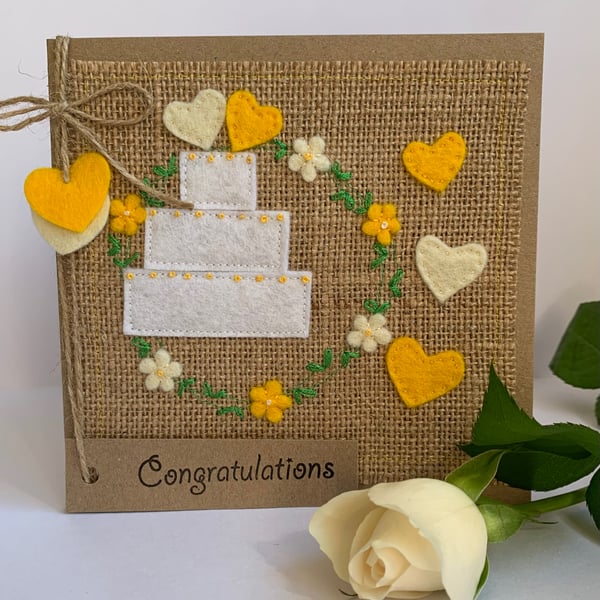 Handmade Wedding Card. Wedding cake and hearts. Keepsake card.
