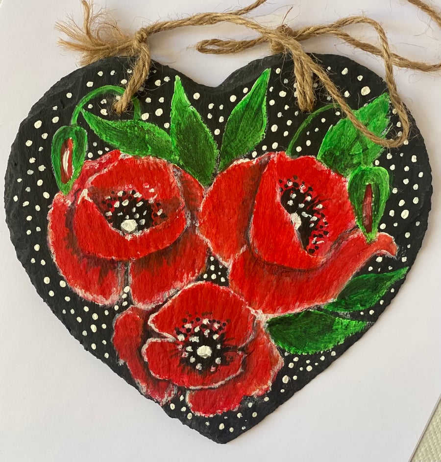 Slate heart with red poppies 