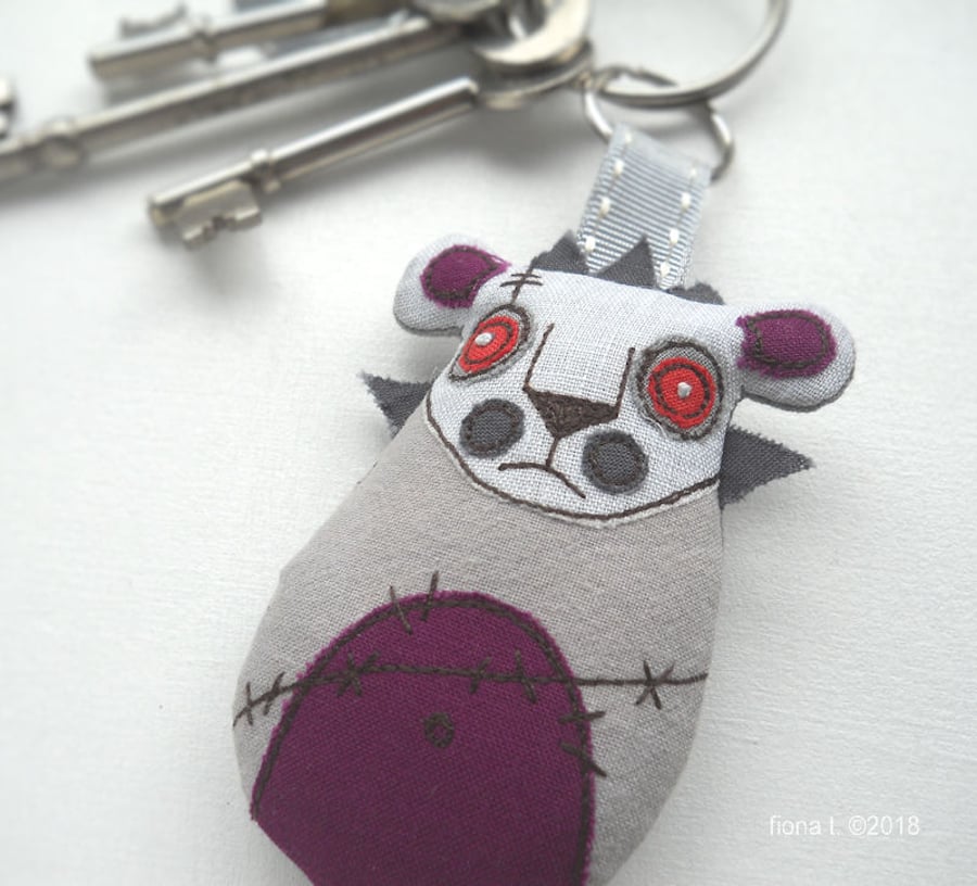 embroidered zombie lion bag charm keyring - purple