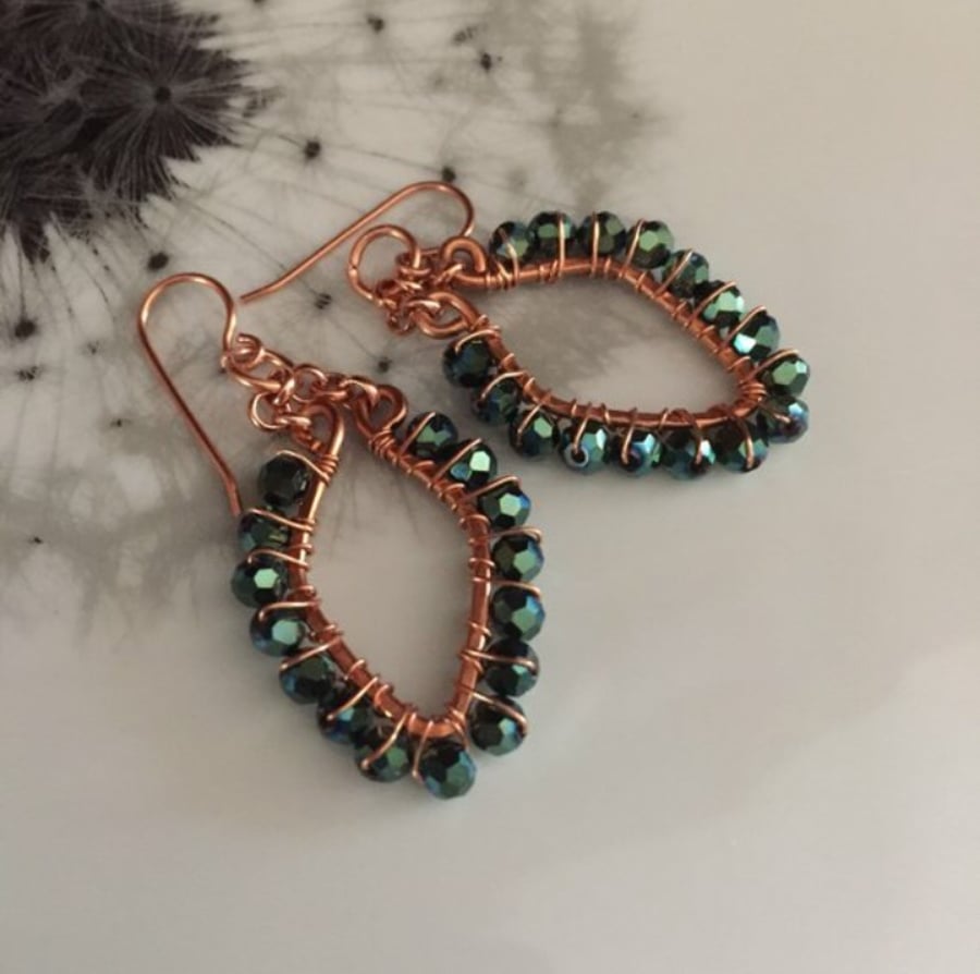 Green crystal wire wrapped copper earrings