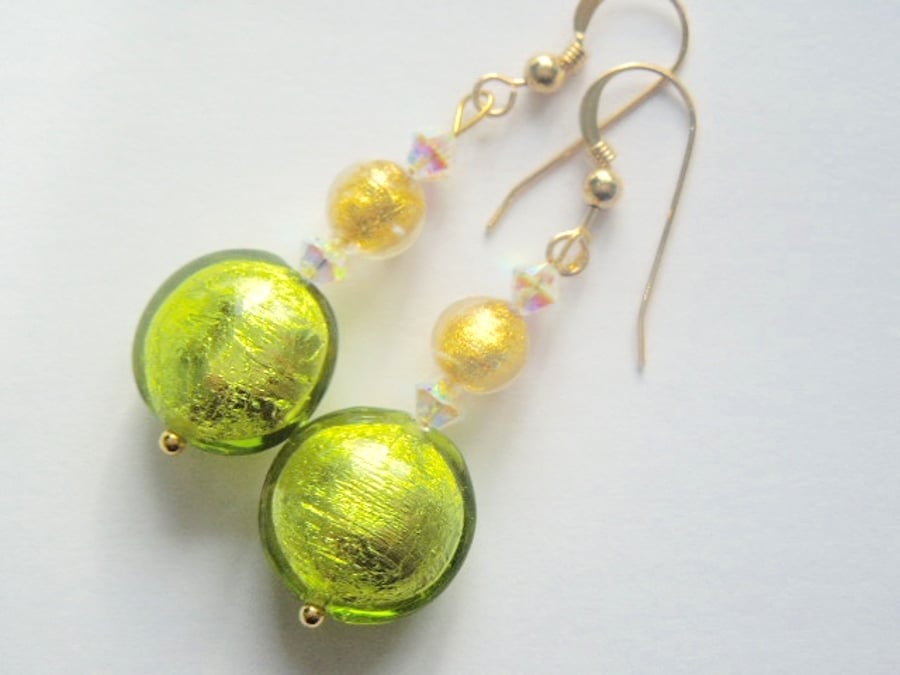 Murano glass green and gold earrings with Swarovski and gold filled ear wires.