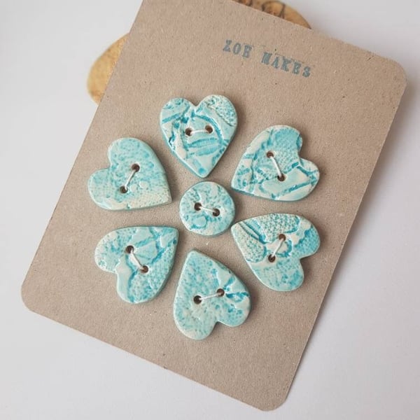 Ceramic heart flower buttons in turquoise and vintage lace design