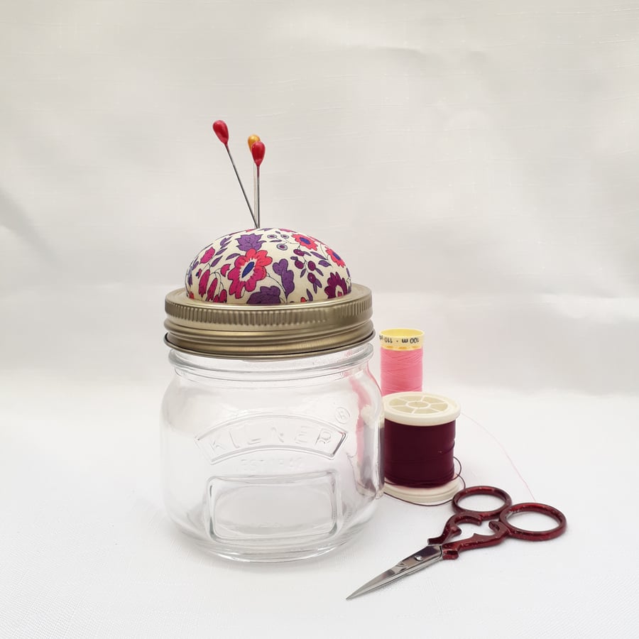 Liberty fabric  Jam Jar Pin cushion, pin cushion,  storage jar pin cushion