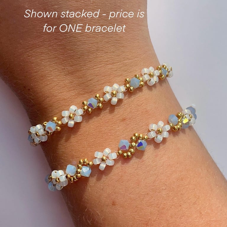 September Birthstone Bracelet - Gold & Opal Daisy Beads (Sapphire Inspired)