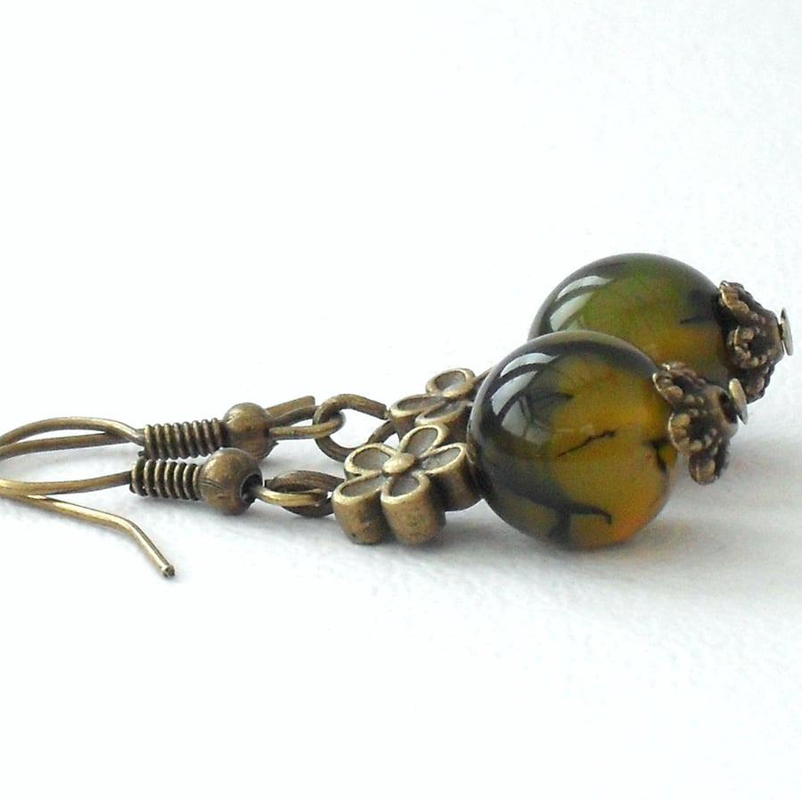 Olive green dragon vein agate bronze earrings 