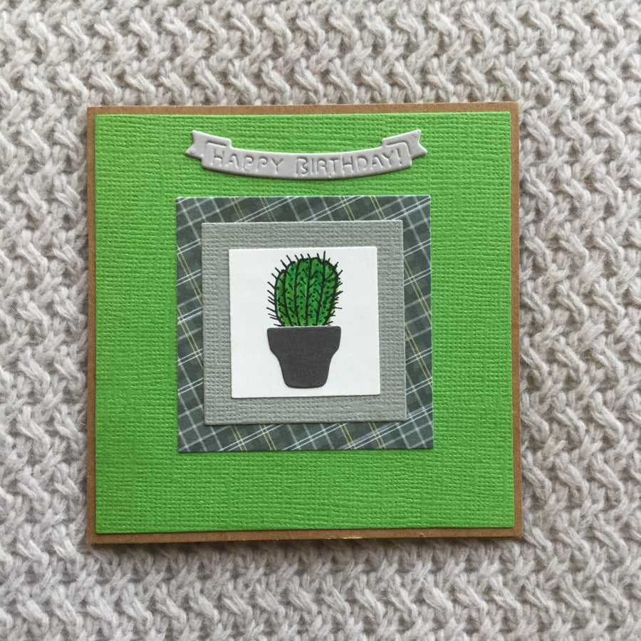 Hand drawn cactus Happy Birthday card lime green 