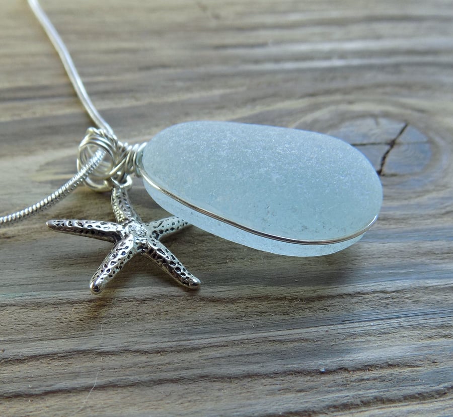 Natural sea glass bubble pendant with starfish