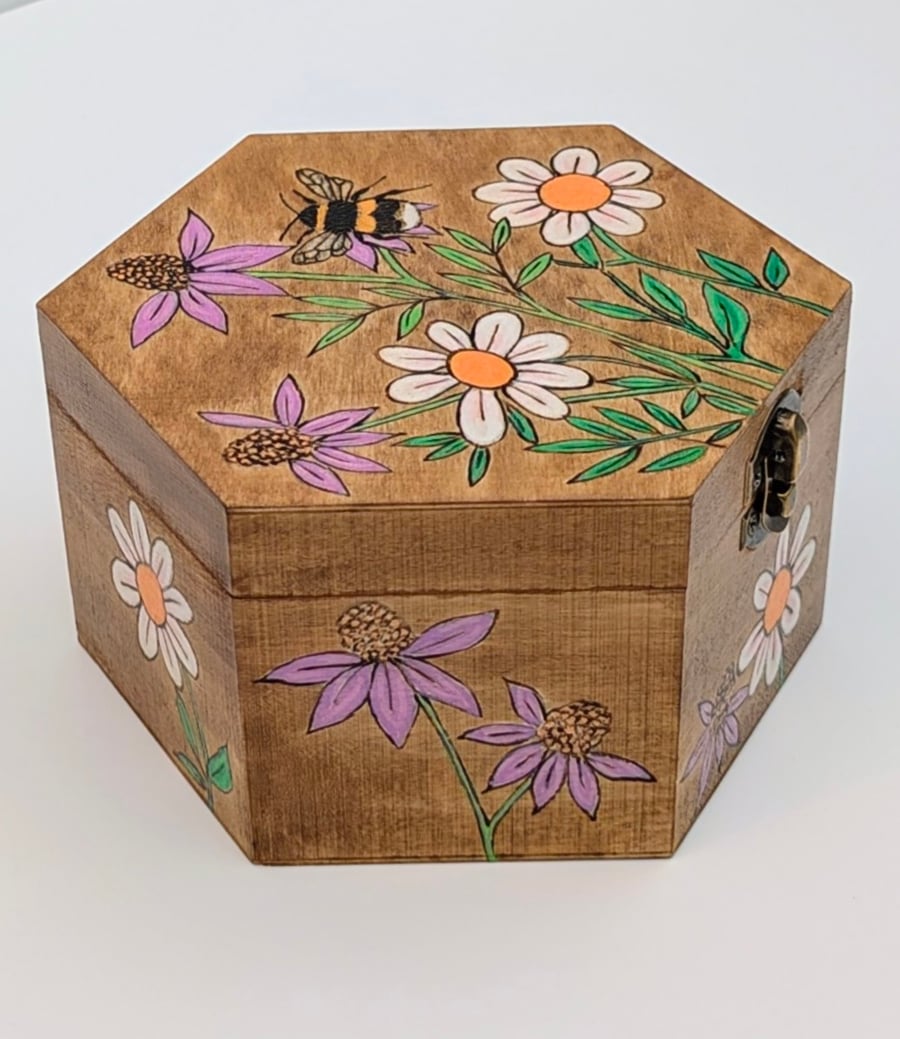 Pyrography bee and flowers wooden box, jewellery, trinket or keepsake box