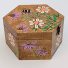 Pyrography bee and flowers wooden box, jewellery, trinket or keepsake box