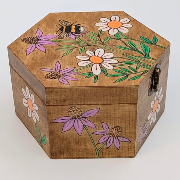 Pyrography bee and flowers wooden box, jewellery, trinket or keepsake box