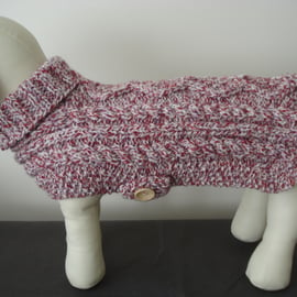 Medium Dog Coat Jumper In Red And Beige Mix Aran Yarn (R915)
