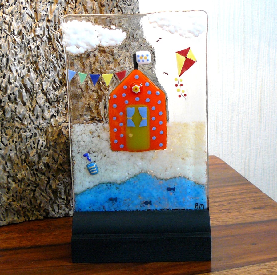 UNIQUE: Handmade Fused Glass 'BEACH HUT' Picture.