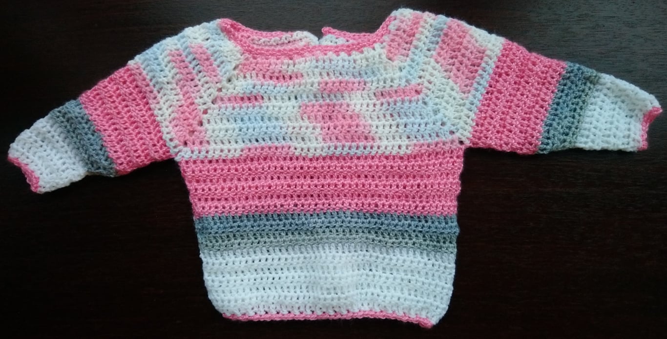 Pink and grey crochet baby jumper. Unique gift for new baby girl