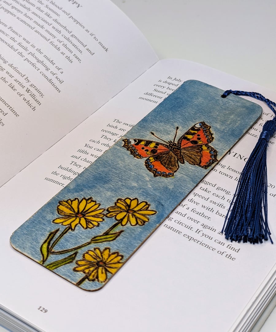 Wooden bookmark, tortoiseshell butterfly pyrography bookmark 