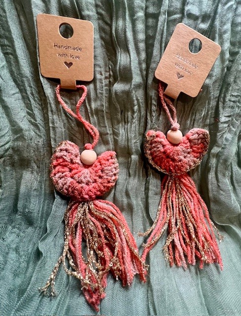 Set of Two Upcycled Boho Crochet Angels – Orange and Gold with Wooden B