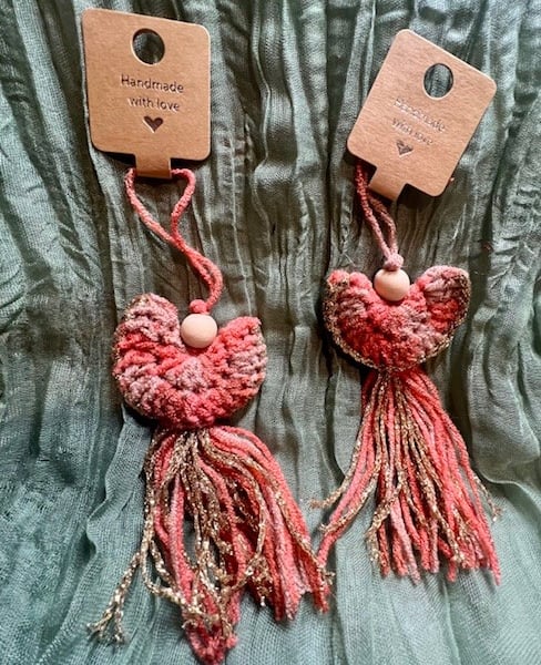 Set of Two Upcycled Boho Crochet Angels – Orange and Gold with Wooden B