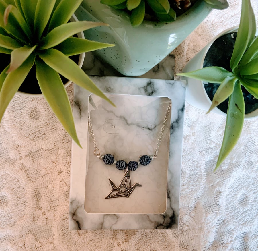 Origami Crane Bird Pendant Necklace.