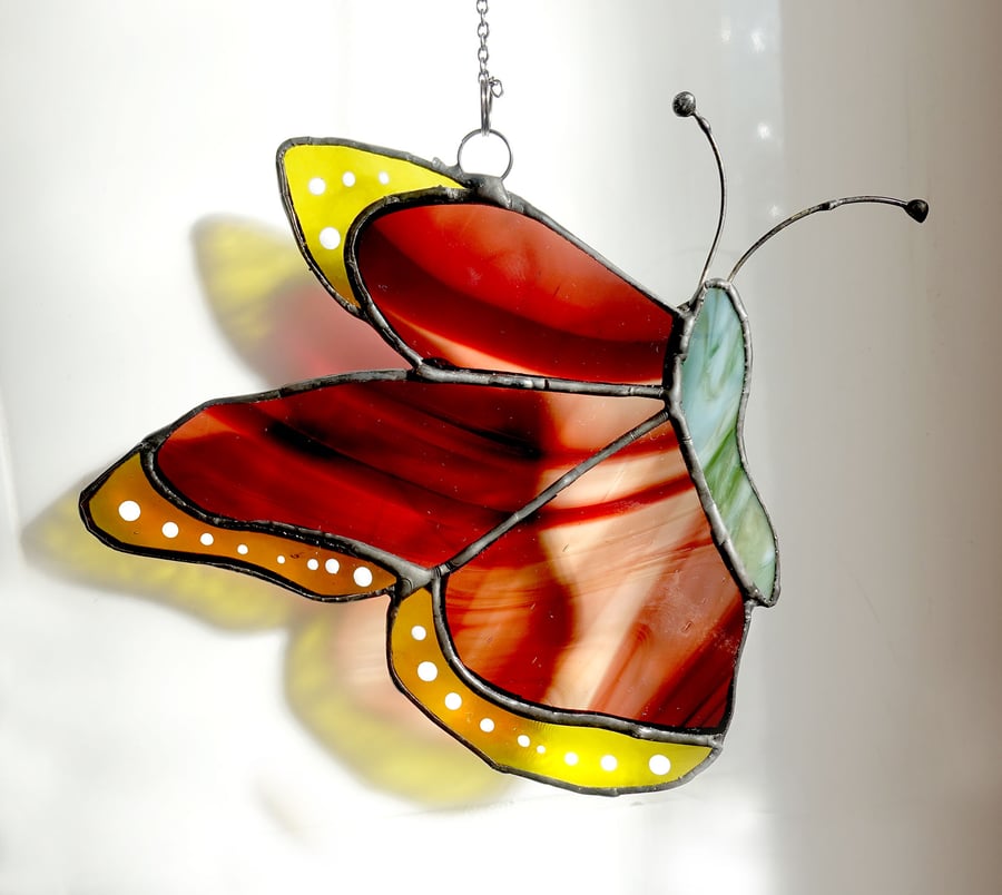Forest Butterfly Stained Glass Suncatcher Brown and Green 