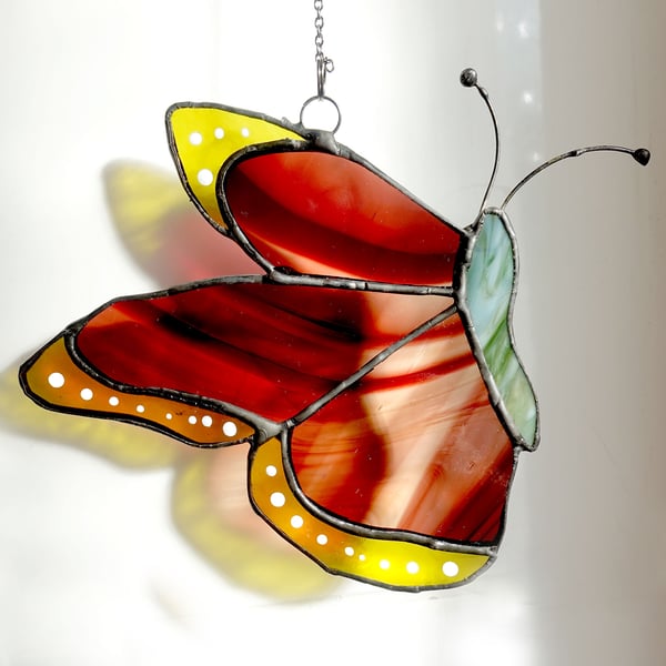 Forest Butterfly Stained Glass Suncatcher Brown and Green 