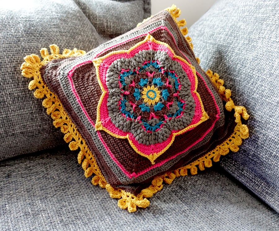 Square Cotton Crochet Cushion in Earth Colours.  Home Decor.  Housewarming.