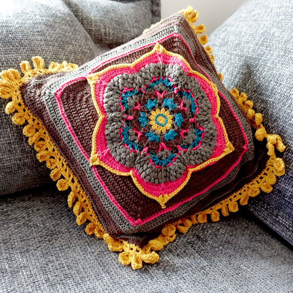 Square Cotton Crochet Cushion in Earth Colours.  Home Decor.  Housewarming.