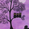 Owl Card, Purple Tree Card, Daughter Card, Owl Birthday Card, Three Owls in Tree