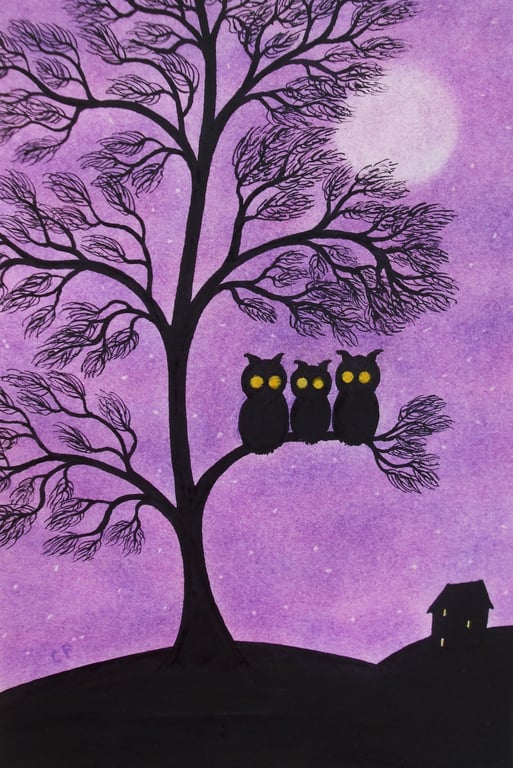 Owl Card, Purple Tree Card, Daughter Card, Owl Birthday Card, Three Owls in Tree