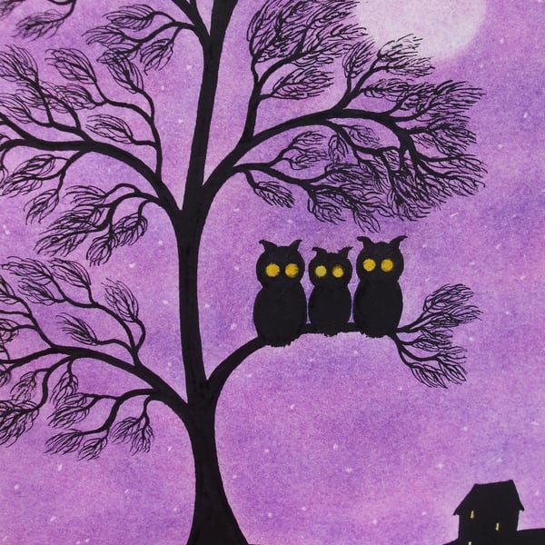 Owl Card, Purple Tree Card, Daughter Card, Owl Birthday Card, Three Owls in Tree