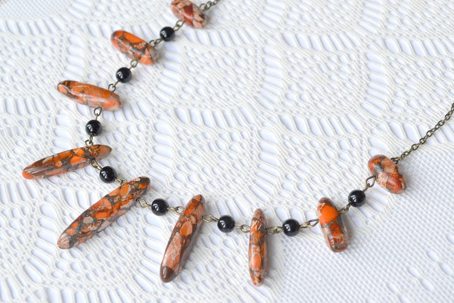 Fan Necklace with Orange Jasper Spikes