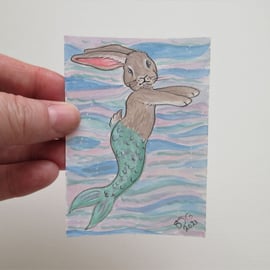 Merbunny ACEO Miniature Painting Watercolour Mermaid and Bunny Underwater 