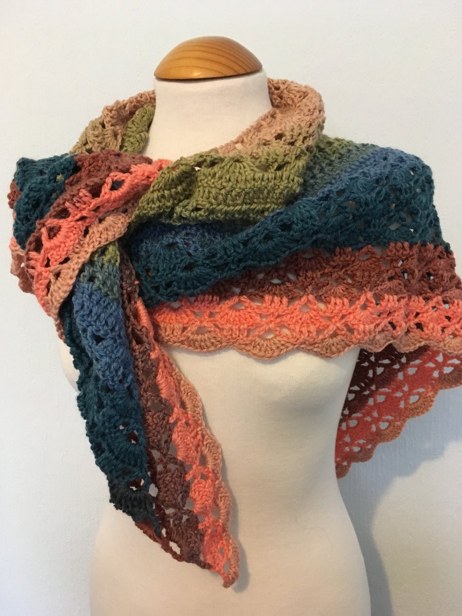 Hand Crafted Triangular Scarf in Soft Colour Changing Cake Wool Yarn
