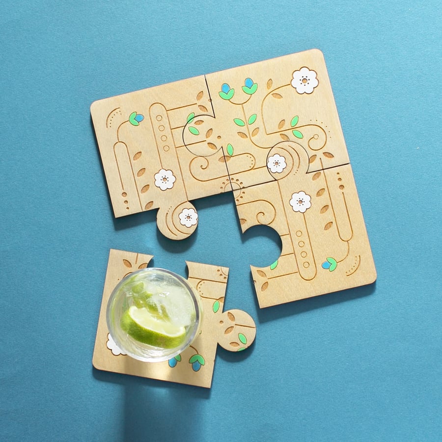 Image of Wooden Jigsaw Geometric Spring Folk Art Coasters - Set of 4