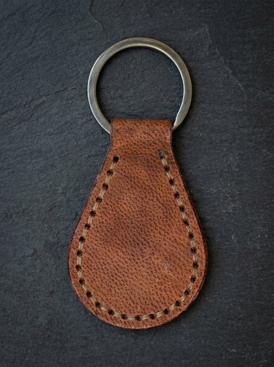 Tan Full Grain Leather Teardrop Key Fob Saddle Stitched UK