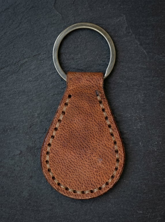 Tan Full Grain Leather Teardrop Key Fob Saddle Stitched UK