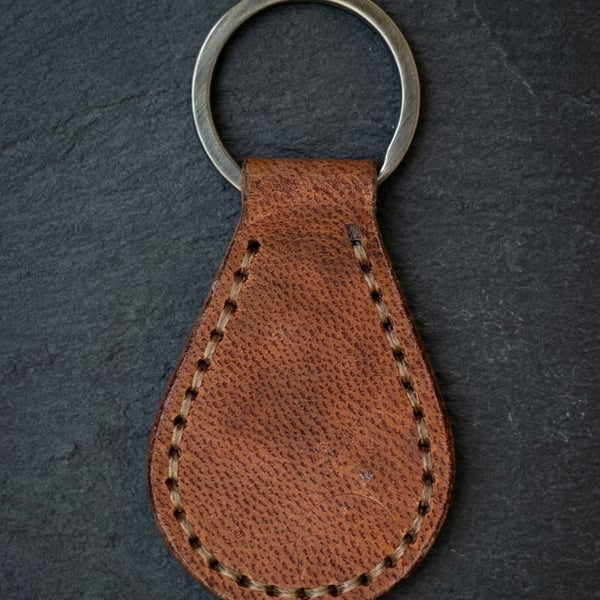 Tan Full Grain Leather Teardrop Key Fob Saddle Stitched UK