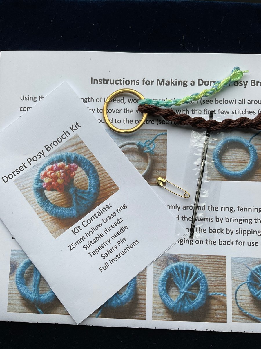 Dorset Posy Brooch Kit, Brown Stems with Pale Blue and Yellow Flowers, 28