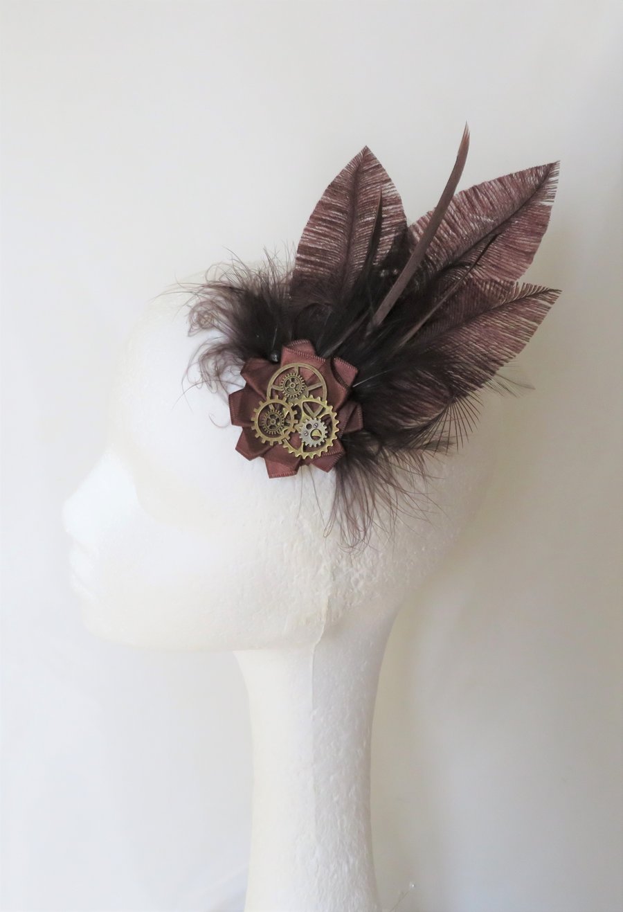 Chocolate Brown Ostrich Feather with Brass Cogs & Gears Steampunk Hair Clip