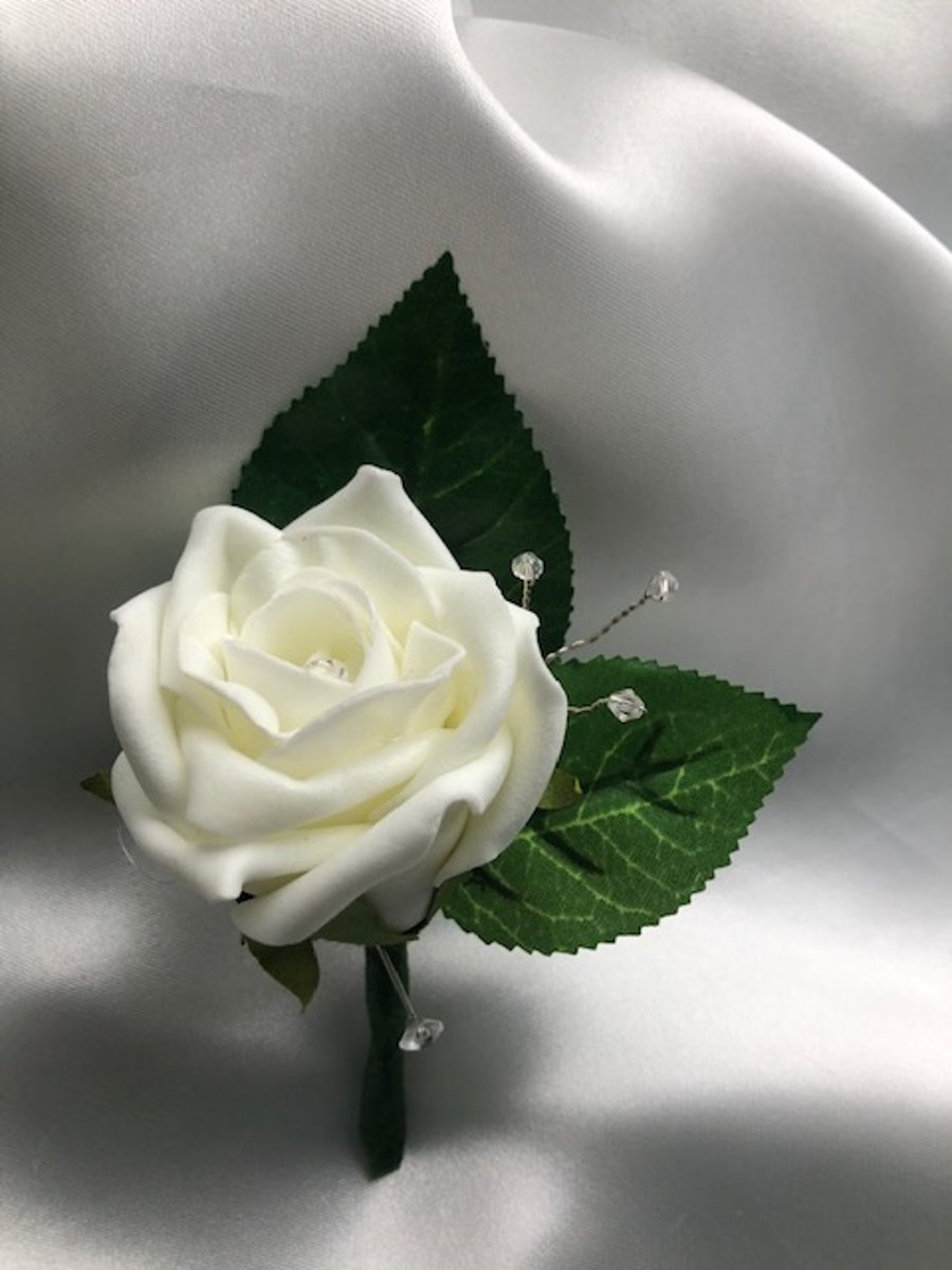  Ivory Rose & Crystal Spray Wedding Boutonniere Butttonhole - Various Colours