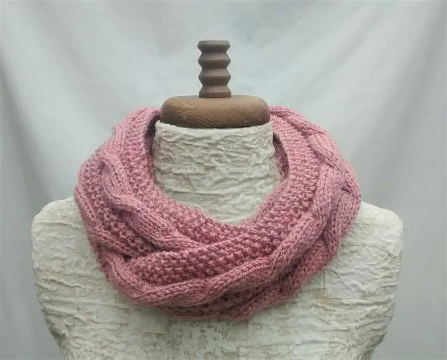 Knitted Cowl in Rose Pink Aran