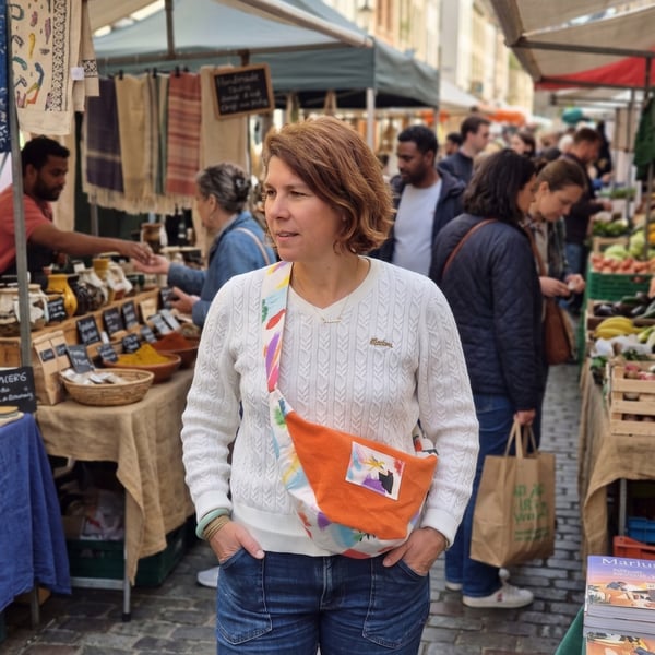 Upcycled crossbody bag, the Arty Orange Luna Bag