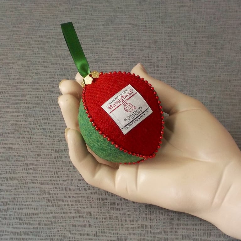 Harris tweed bauble Christmas tree decoration red and green ornament